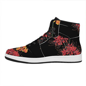 Red And Yellow Japanese Amaryllis Print High Top Leather Sneakers