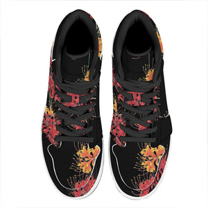 Red And Yellow Japanese Amaryllis Print High Top Leather Sneakers