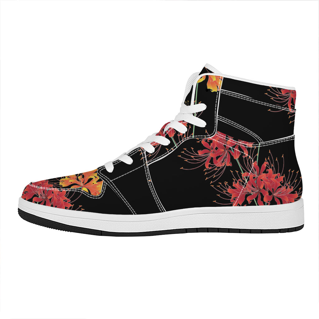 Red And Yellow Japanese Amaryllis Print High Top Leather Sneakers