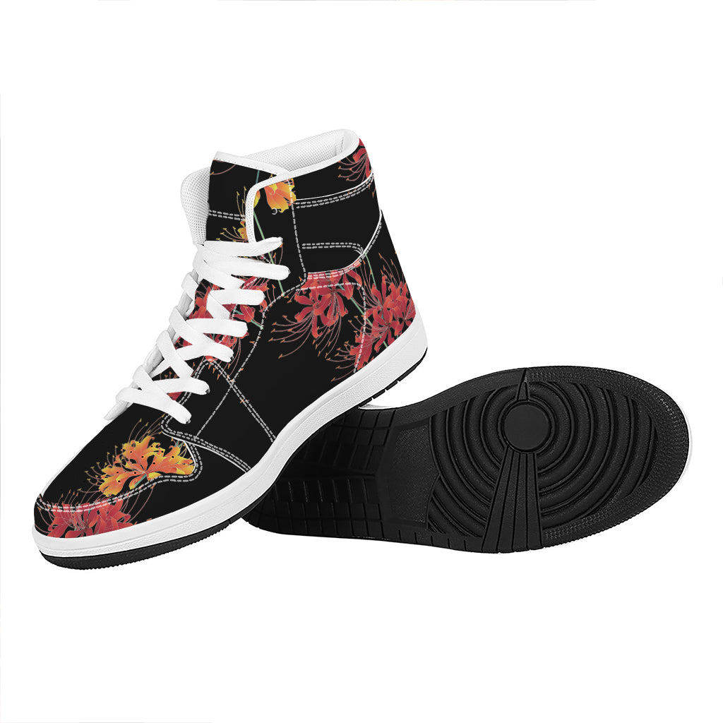 Red And Yellow Japanese Amaryllis Print High Top Leather Sneakers