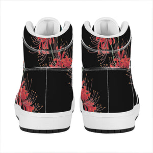 Red And Yellow Japanese Amaryllis Print High Top Leather Sneakers