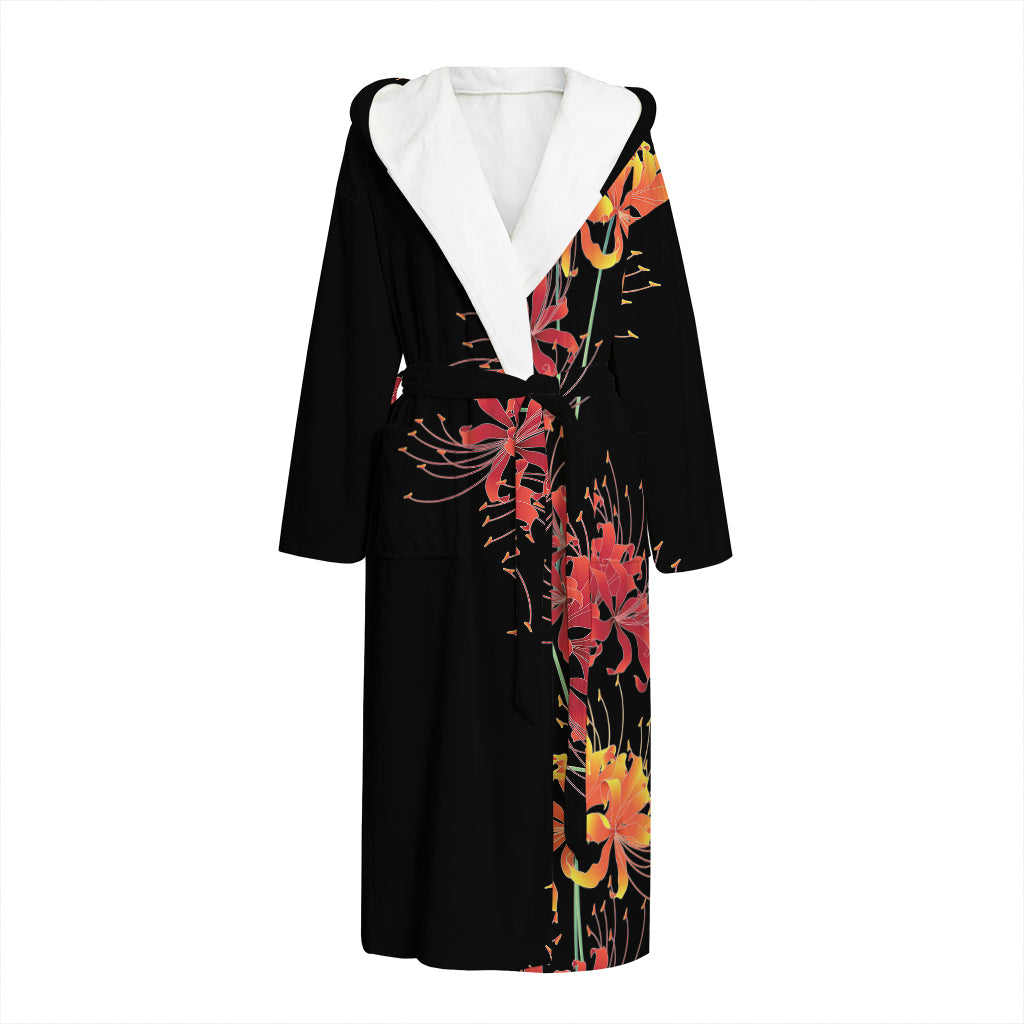 Red And Yellow Japanese Amaryllis Print Hooded Bathrobe