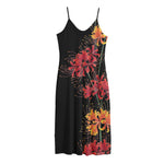 Red And Yellow Japanese Amaryllis Print Jersey Midi Cami Dress