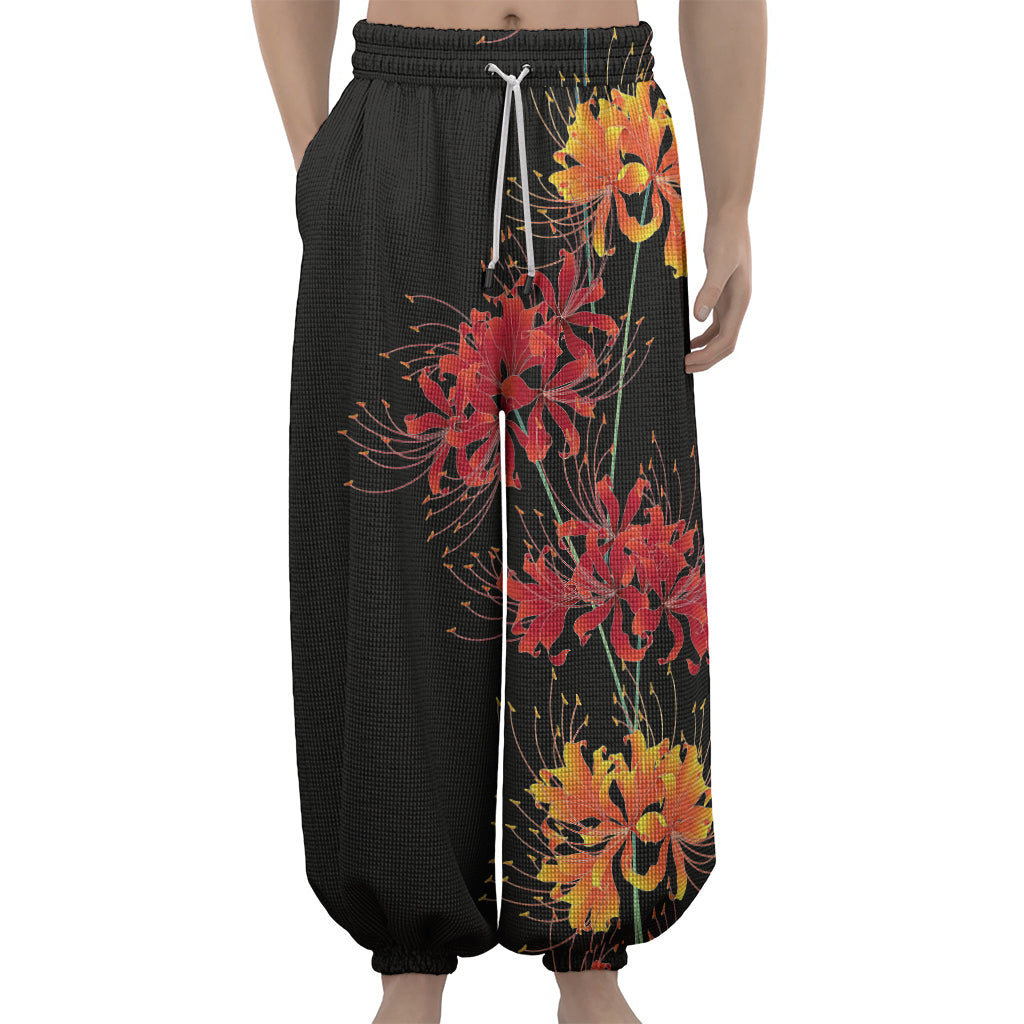 Red And Yellow Japanese Amaryllis Print Lantern Pants
