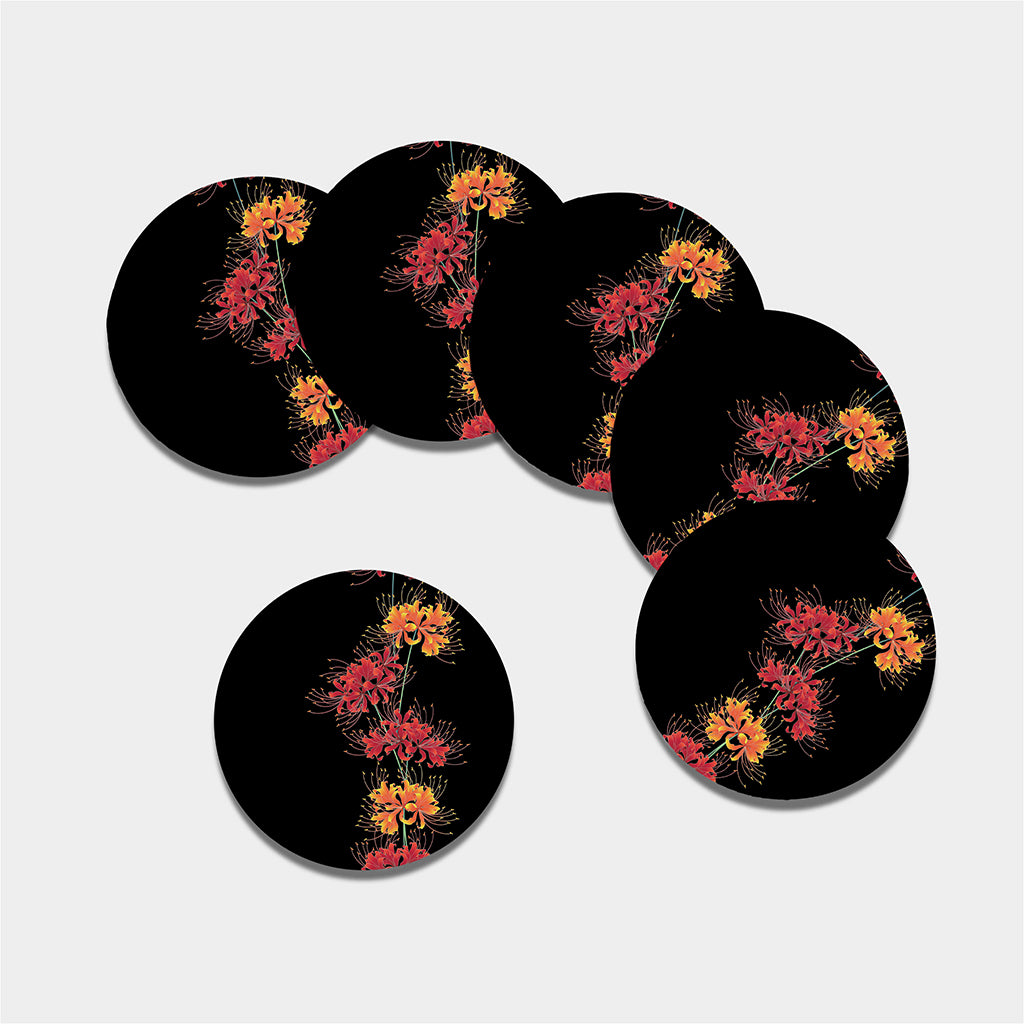 Red And Yellow Japanese Amaryllis Print Leather Coaster Set