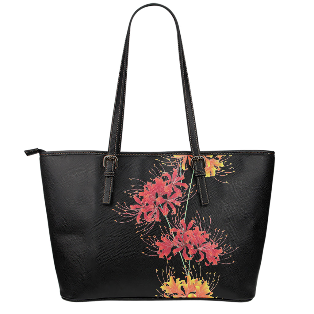 Red And Yellow Japanese Amaryllis Print Leather Tote Bag