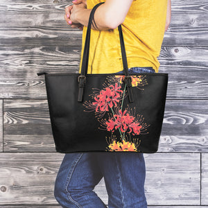 Red And Yellow Japanese Amaryllis Print Leather Tote Bag