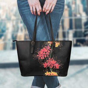 Red And Yellow Japanese Amaryllis Print Leather Tote Bag