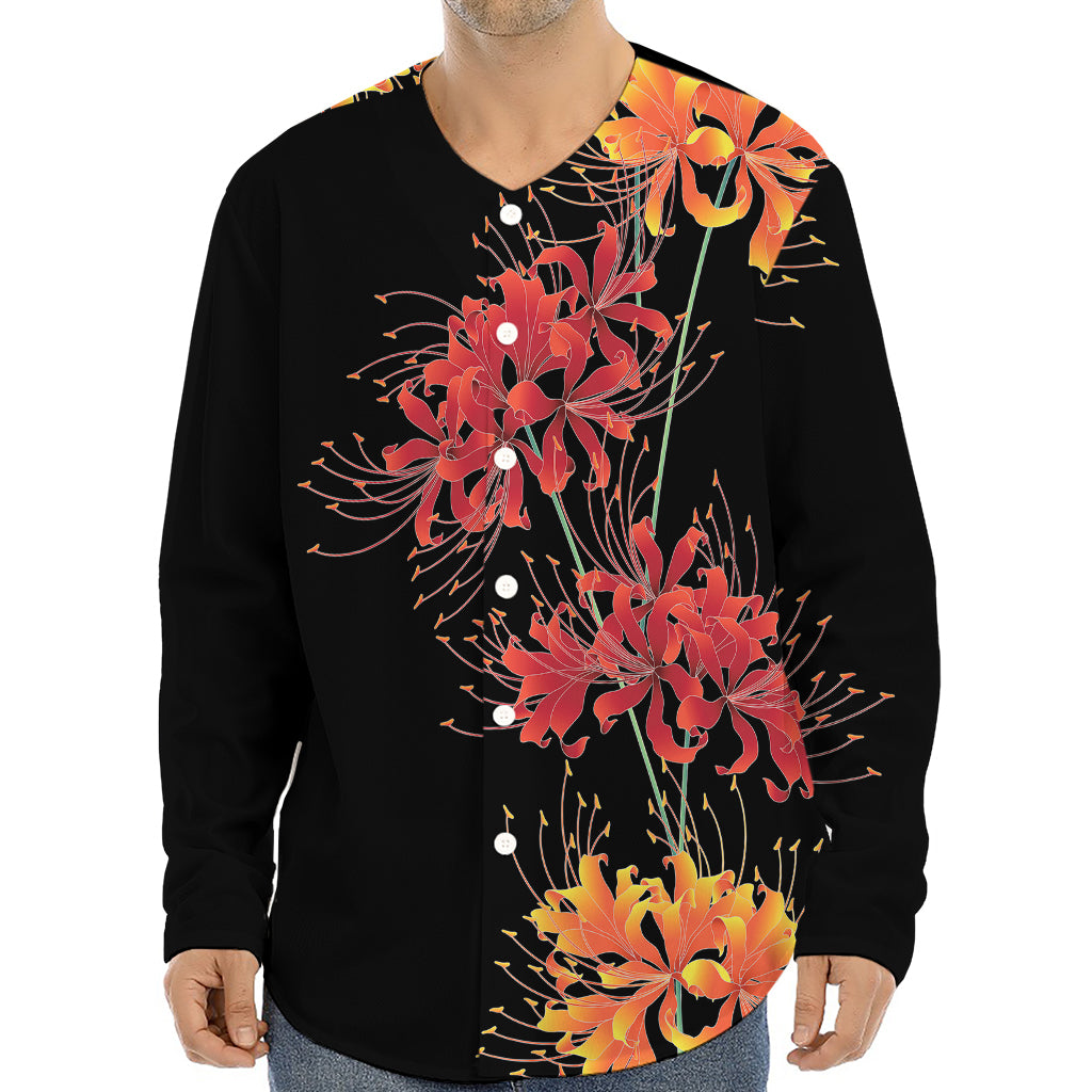 Red And Yellow Japanese Amaryllis Print Long Sleeve Baseball Jersey