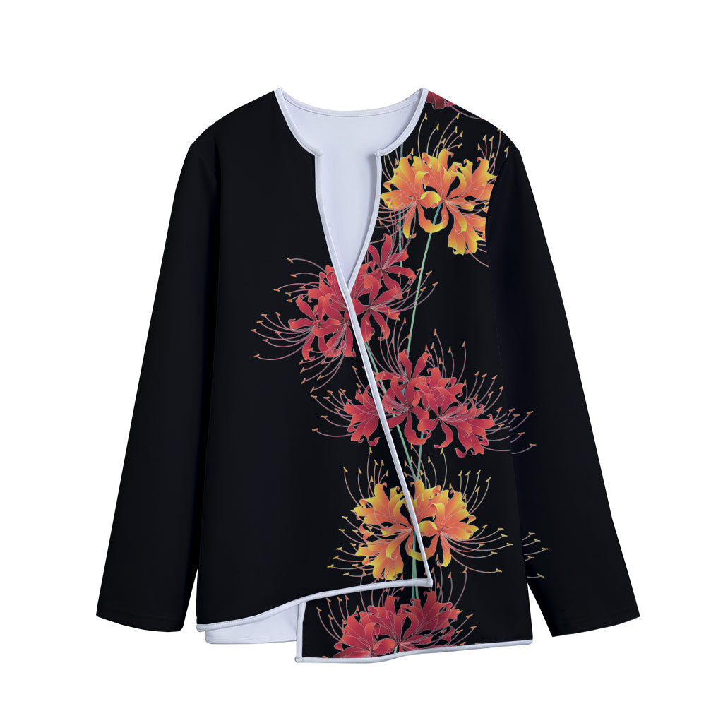 Red And Yellow Japanese Amaryllis Print Long Sleeve Short Coat