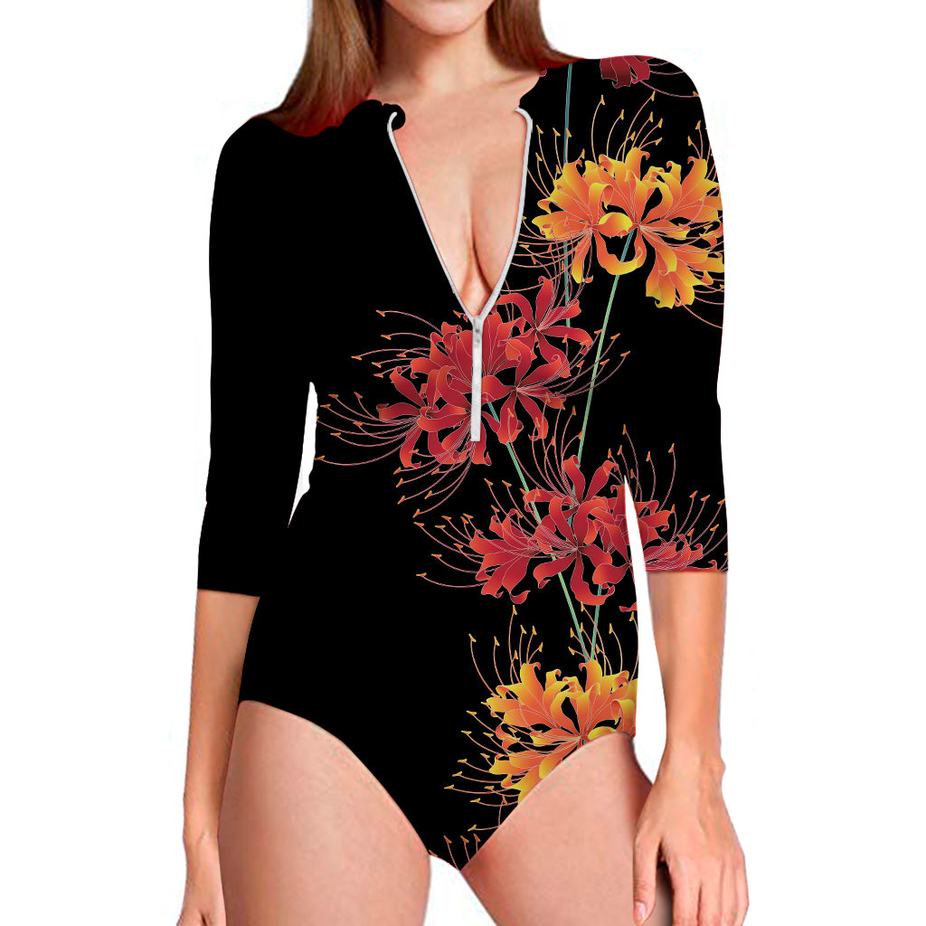 Red And Yellow Japanese Amaryllis Print Long Sleeve Swimsuit