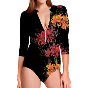 Red And Yellow Japanese Amaryllis Print Long Sleeve Swimsuit