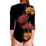 Red And Yellow Japanese Amaryllis Print Long Sleeve Swimsuit