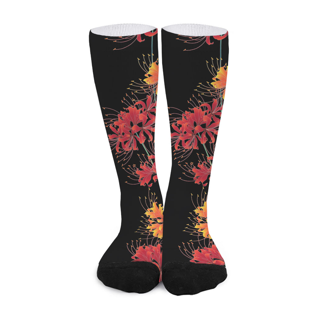 Red And Yellow Japanese Amaryllis Print Long Socks