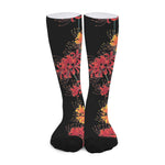 Red And Yellow Japanese Amaryllis Print Long Socks