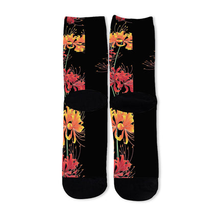Red And Yellow Japanese Amaryllis Print Long Socks