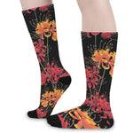 Red And Yellow Japanese Amaryllis Print Long Socks