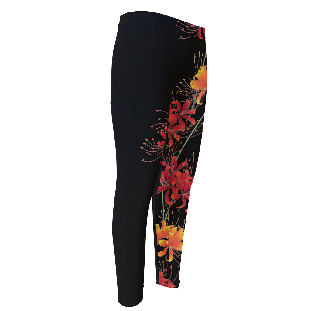 Red And Yellow Japanese Amaryllis Print Men's Compression Pants