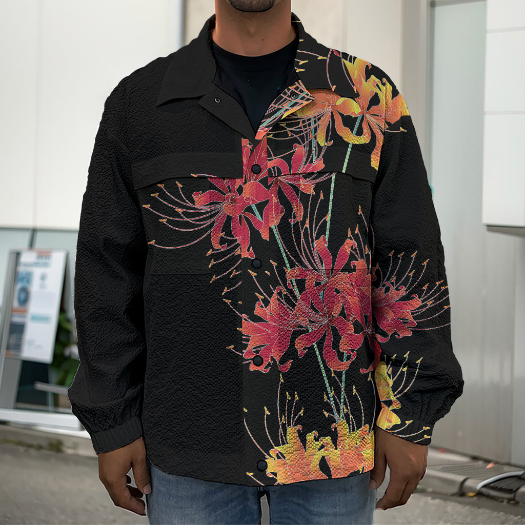 Red And Yellow Japanese Amaryllis Print Men's Shirt Jacket