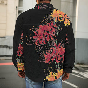 Red And Yellow Japanese Amaryllis Print Men's Shirt Jacket