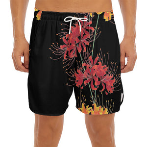 Red And Yellow Japanese Amaryllis Print Men's Split Running Shorts