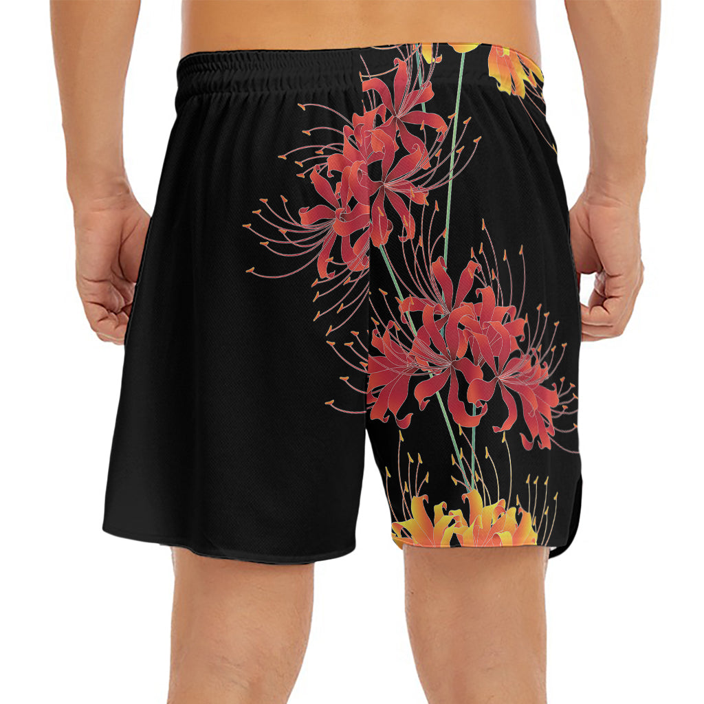 Red And Yellow Japanese Amaryllis Print Men's Split Running Shorts