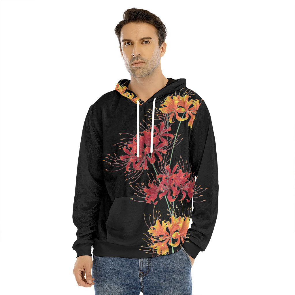 Red And Yellow Japanese Amaryllis Print Men's Velvet Pullover Hoodie