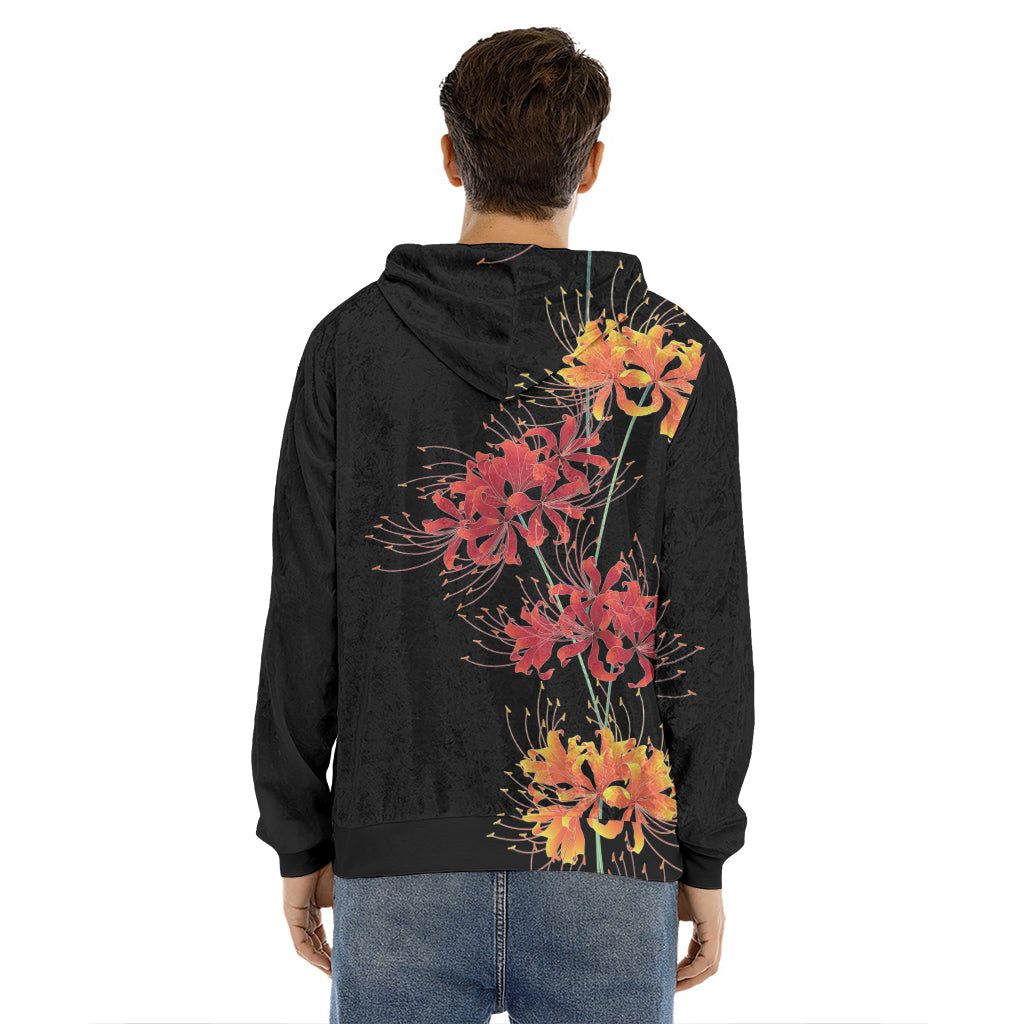 Red And Yellow Japanese Amaryllis Print Men's Velvet Pullover Hoodie