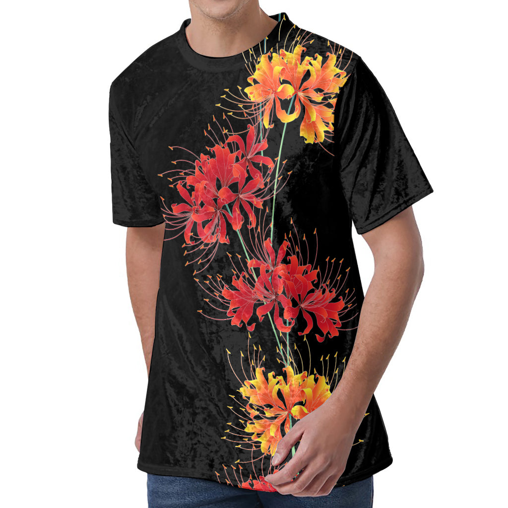 Red And Yellow Japanese Amaryllis Print Men's Velvet T-Shirt