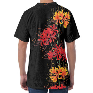 Red And Yellow Japanese Amaryllis Print Men's Velvet T-Shirt