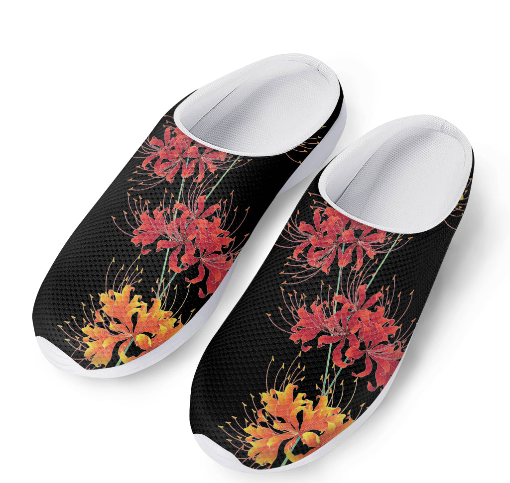 Red And Yellow Japanese Amaryllis Print Mesh Casual Shoes