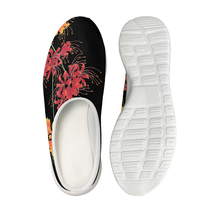 Red And Yellow Japanese Amaryllis Print Mesh Casual Shoes