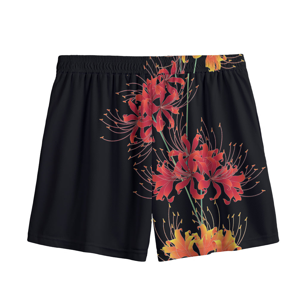 Red And Yellow Japanese Amaryllis Print Mesh Shorts