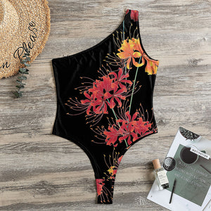 Red And Yellow Japanese Amaryllis Print One Shoulder Bodysuit