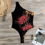 Red And Yellow Japanese Amaryllis Print One Shoulder Bodysuit