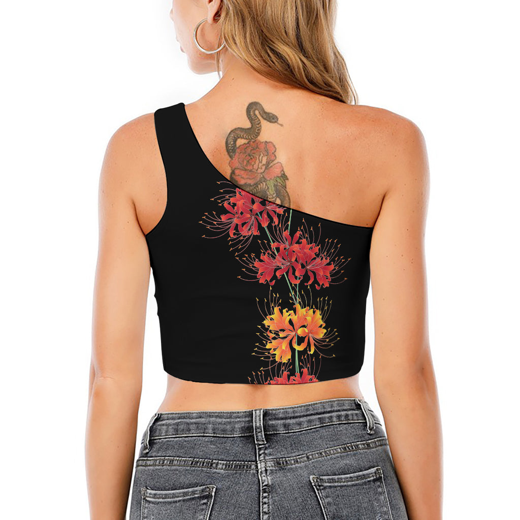 Red And Yellow Japanese Amaryllis Print One Shoulder Crop Top