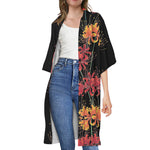 Red And Yellow Japanese Amaryllis Print Open Front Beach Cover Up