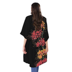 Red And Yellow Japanese Amaryllis Print Open Front Beach Cover Up