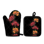 Red And Yellow Japanese Amaryllis Print Oven Mitt And Pot Holder Set