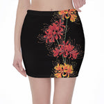 Red And Yellow Japanese Amaryllis Print Pencil Mini Skirt
