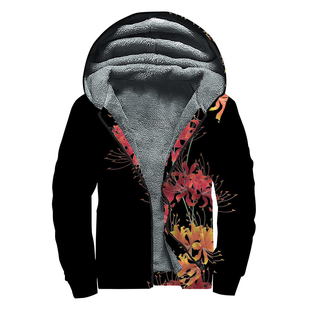 Red And Yellow Japanese Amaryllis Print Sherpa Lined Zip Up Hoodie