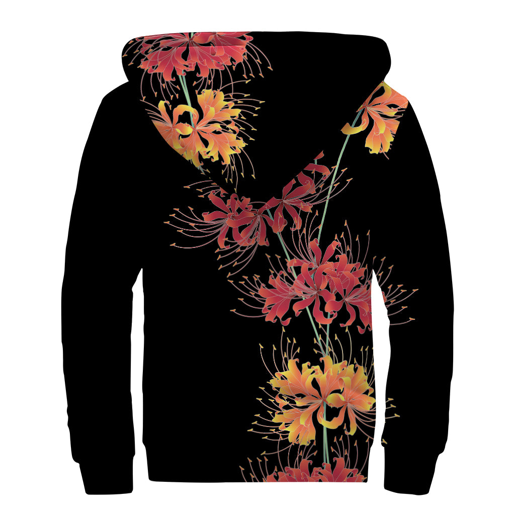 Red And Yellow Japanese Amaryllis Print Sherpa Lined Zip Up Hoodie