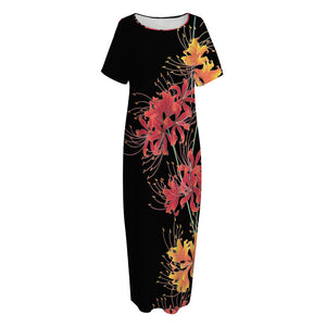 Red And Yellow Japanese Amaryllis Print Short Sleeve Long Nightdress