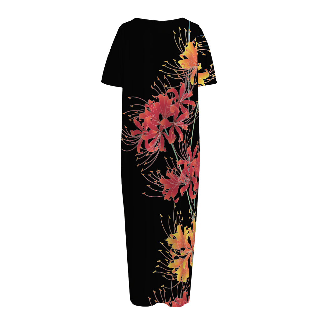 Red And Yellow Japanese Amaryllis Print Short Sleeve Long Nightdress