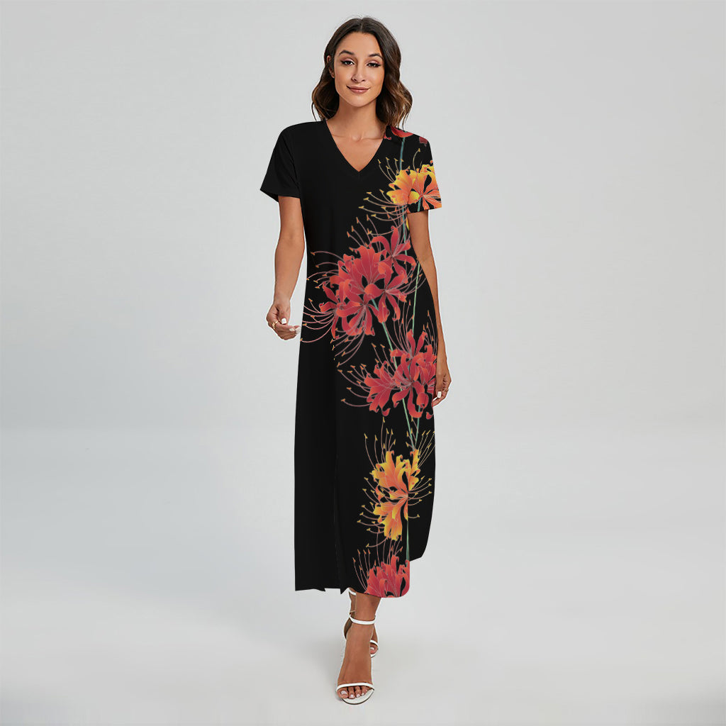 Red And Yellow Japanese Amaryllis Print Short Sleeve Maxi Dress