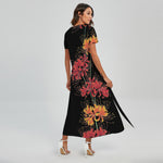 Red And Yellow Japanese Amaryllis Print Short Sleeve Maxi Dress