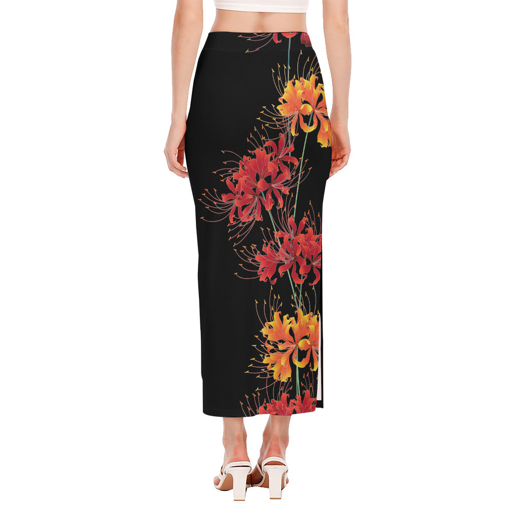 Red And Yellow Japanese Amaryllis Print Side Slit Maxi Skirt