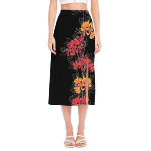 Red And Yellow Japanese Amaryllis Print Side Slit Midi Skirt