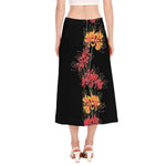 Red And Yellow Japanese Amaryllis Print Side Slit Midi Skirt