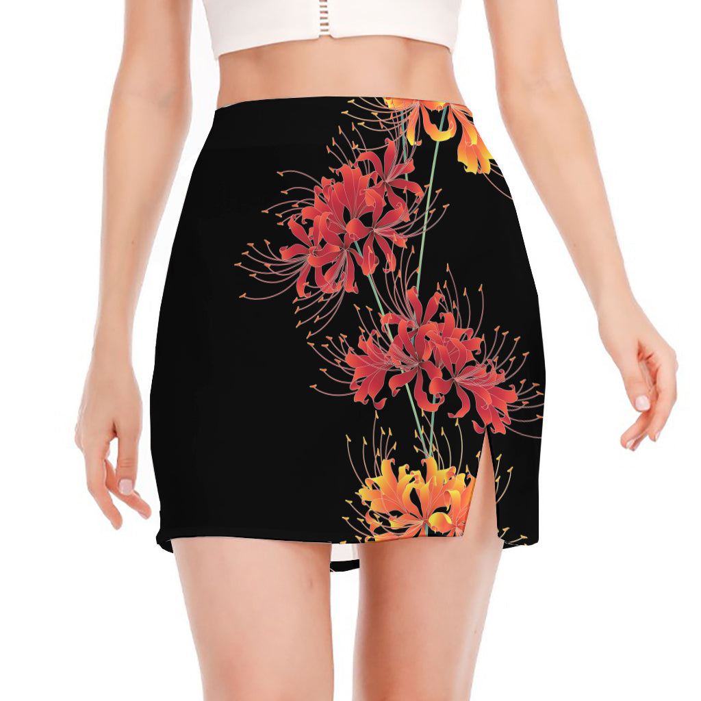 Red And Yellow Japanese Amaryllis Print Side Slit Mini Skirt